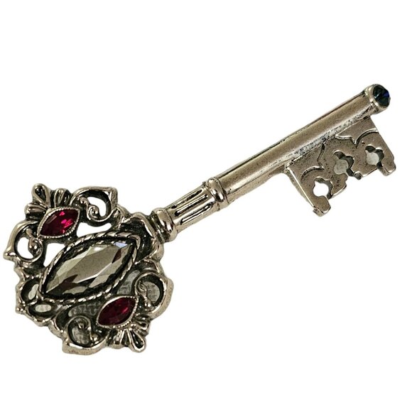 1928 Brand Red Blue Rhinestone Silver Tone Key Brooch Pin L259 - Picture 3 of 10